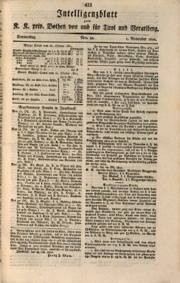 Kaiserlich-Königlich privilegirter Bothe von und für Tirol und Vorarlberg Donnerstag 1. November 1821