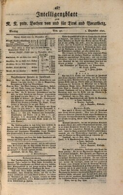 Kaiserlich-Königlich privilegirter Bothe von und für Tirol und Vorarlberg Montag 3. Dezember 1821