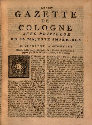 Gazette de Cologne Freitag 20. Oktober 1758