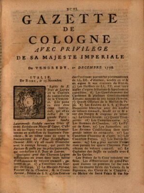 Gazette de Cologne Freitag 1. Dezember 1758