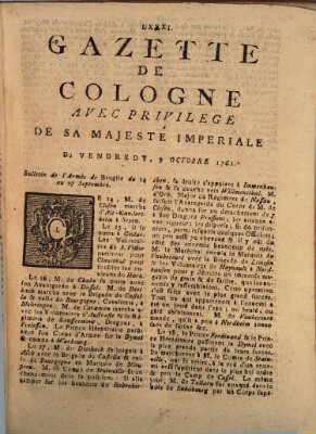 Gazette de Cologne Freitag 9. Oktober 1761