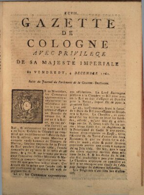 Gazette de Cologne Freitag 4. Dezember 1761