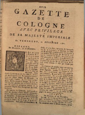 Gazette de Cologne Freitag 11. Dezember 1761