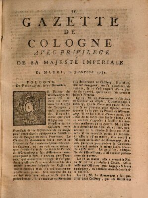 Gazette de Cologne Dienstag 12. Januar 1762