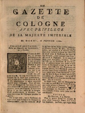 Gazette de Cologne Dienstag 16. Februar 1762