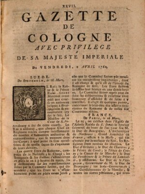 Gazette de Cologne Freitag 2. April 1762