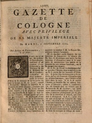 Gazette de Cologne Dienstag 7. September 1762