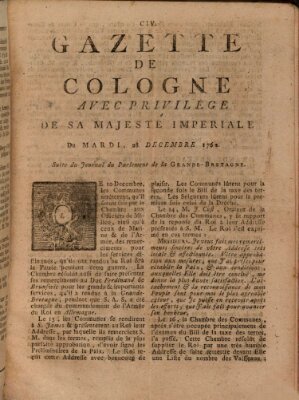 Gazette de Cologne Dienstag 28. Dezember 1762