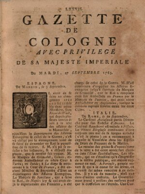 Gazette de Cologne Dienstag 27. September 1763