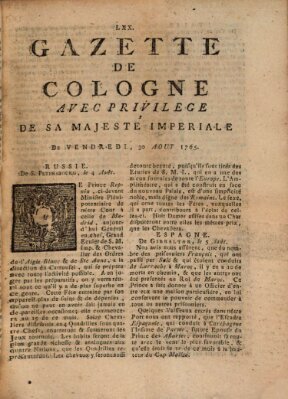 Gazette de Cologne Freitag 30. August 1765