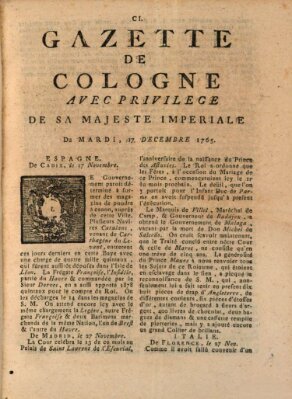 Gazette de Cologne Dienstag 17. Dezember 1765