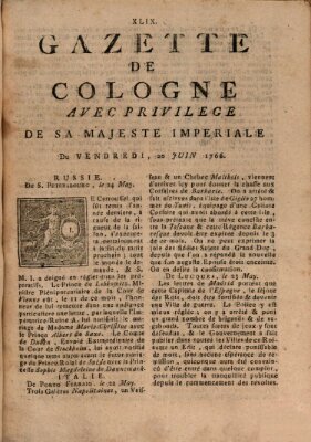 Gazette de Cologne Freitag 20. Juni 1766