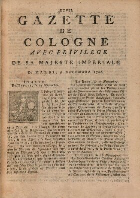 Gazette de Cologne Dienstag 9. Dezember 1766