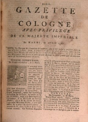 Gazette de Cologne Dienstag 21. April 1767