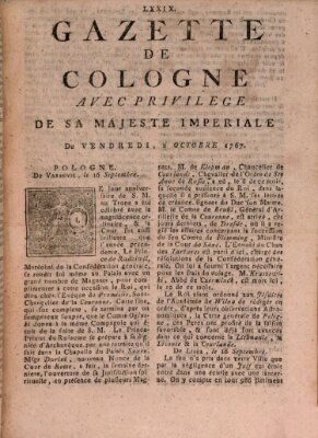 Gazette de Cologne Freitag 2. Oktober 1767