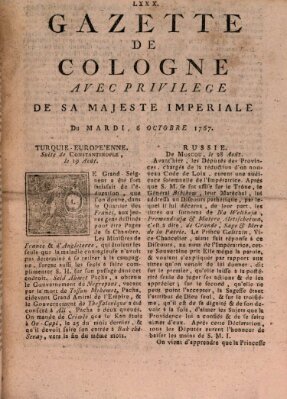 Gazette de Cologne Dienstag 6. Oktober 1767