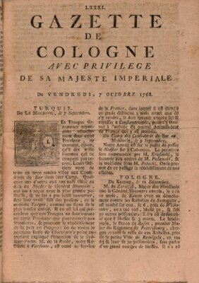 Gazette de Cologne Freitag 7. Oktober 1768