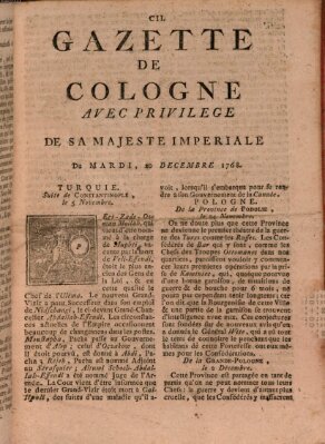 Gazette de Cologne Dienstag 20. Dezember 1768