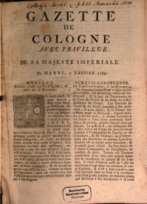 Gazette de Cologne Dienstag 3. Januar 1769