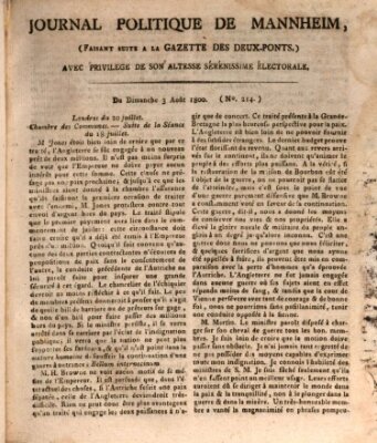 Journal politique de Mannheim (Gazette des Deux-Ponts) Sonntag 3. August 1800