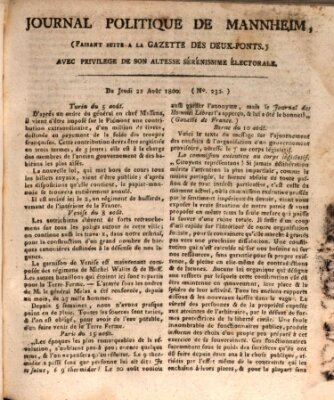 Journal politique de Mannheim (Gazette des Deux-Ponts) Donnerstag 21. August 1800