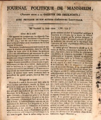 Journal politique de Mannheim (Gazette des Deux-Ponts) Freitag 22. August 1800