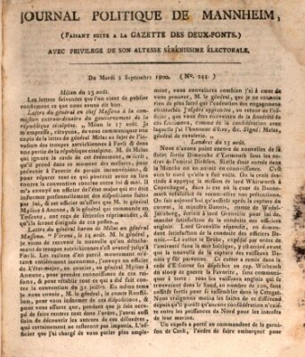 Journal politique de Mannheim (Gazette des Deux-Ponts) Dienstag 2. September 1800