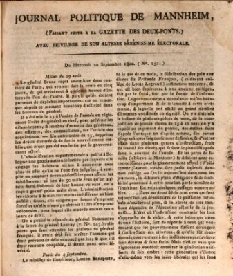 Journal politique de Mannheim (Gazette des Deux-Ponts) Mittwoch 10. September 1800