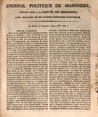 Journal politique de Mannheim (Gazette des Deux-Ponts) Dienstag 16. September 1800