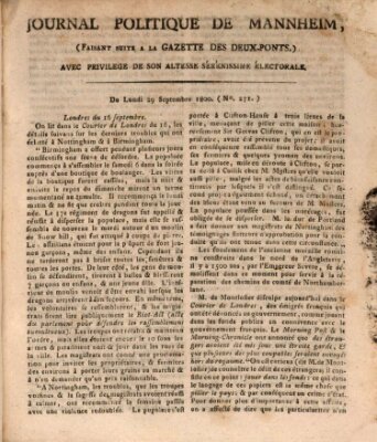 Journal politique de Mannheim (Gazette des Deux-Ponts) Montag 29. September 1800