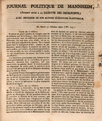 Journal politique de Mannheim (Gazette des Deux-Ponts) Dienstag 21. Oktober 1800