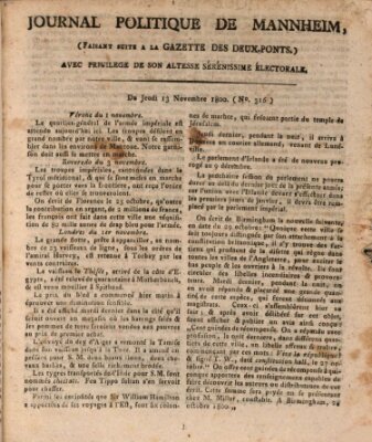 Journal politique de Mannheim (Gazette des Deux-Ponts) Donnerstag 13. November 1800