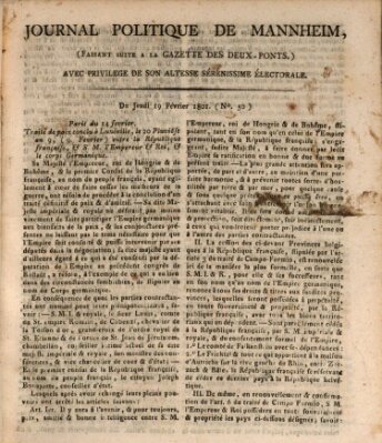 Journal politique de Mannheim (Gazette des Deux-Ponts) Donnerstag 19. Februar 1801