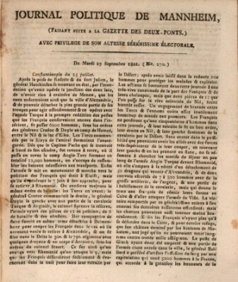 Journal politique de Mannheim (Gazette des Deux-Ponts) Dienstag 29. September 1801