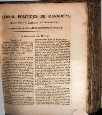 Journal politique de Mannheim (Gazette des Deux-Ponts) Dienstag 20. April 1802