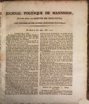 Journal politique de Mannheim (Gazette des Deux-Ponts) Dienstag 22. Juni 1802