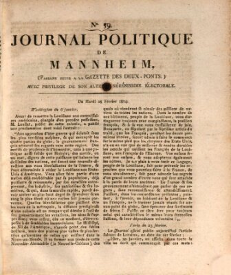 Journal politique de Mannheim (Gazette des Deux-Ponts) Dienstag 28. Februar 1804