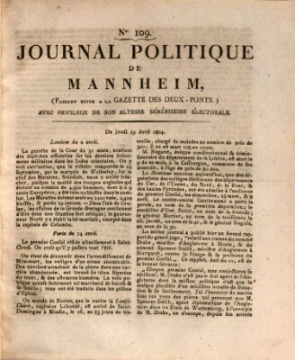 Journal politique de Mannheim (Gazette des Deux-Ponts) Donnerstag 19. April 1804