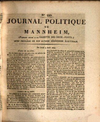 Journal politique de Mannheim (Gazette des Deux-Ponts) Donnerstag 9. August 1804