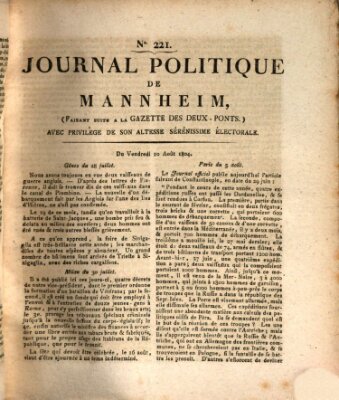 Journal politique de Mannheim (Gazette des Deux-Ponts) Freitag 10. August 1804