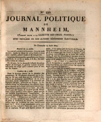 Journal politique de Mannheim (Gazette des Deux-Ponts) Sonntag 19. August 1804