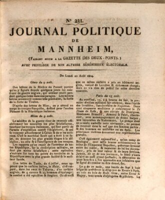 Journal politique de Mannheim (Gazette des Deux-Ponts) Montag 20. August 1804