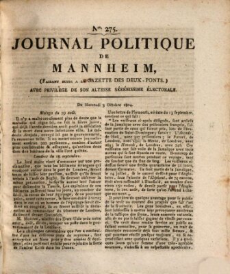 Journal politique de Mannheim (Gazette des Deux-Ponts) Mittwoch 3. Oktober 1804