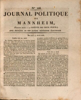 Journal politique de Mannheim (Gazette des Deux-Ponts) Donnerstag 17. April 1806