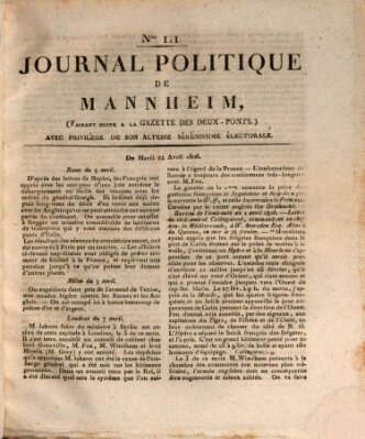 Journal politique de Mannheim (Gazette des Deux-Ponts) Dienstag 22. April 1806