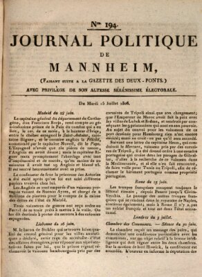 Journal politique de Mannheim (Gazette des Deux-Ponts) Dienstag 15. Juli 1806