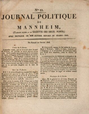 Journal politique de Mannheim (Gazette des Deux-Ponts) Samstag 20. Februar 1808