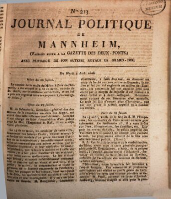 Journal politique de Mannheim (Gazette des Deux-Ponts) Dienstag 2. August 1808