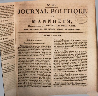 Journal politique de Mannheim (Gazette des Deux-Ponts) Donnerstag 11. August 1808