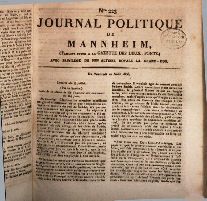 Journal politique de Mannheim (Gazette des Deux-Ponts) Freitag 12. August 1808